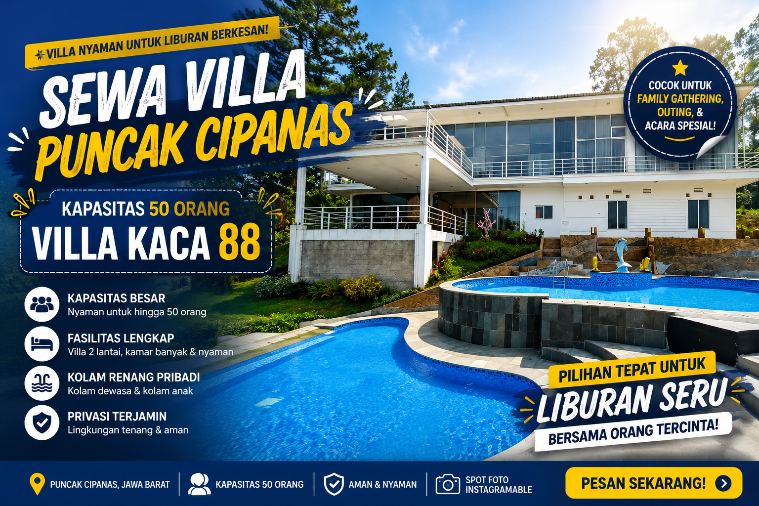 Sewa Villa Puncak Cipanas Kapasitas 50 Orang Villa Kaca 88